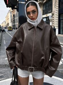 Avenya Drop Shoulder Zip Up Buckle Belt Cinched Waist PU Leather Coat - Brown - View 1
