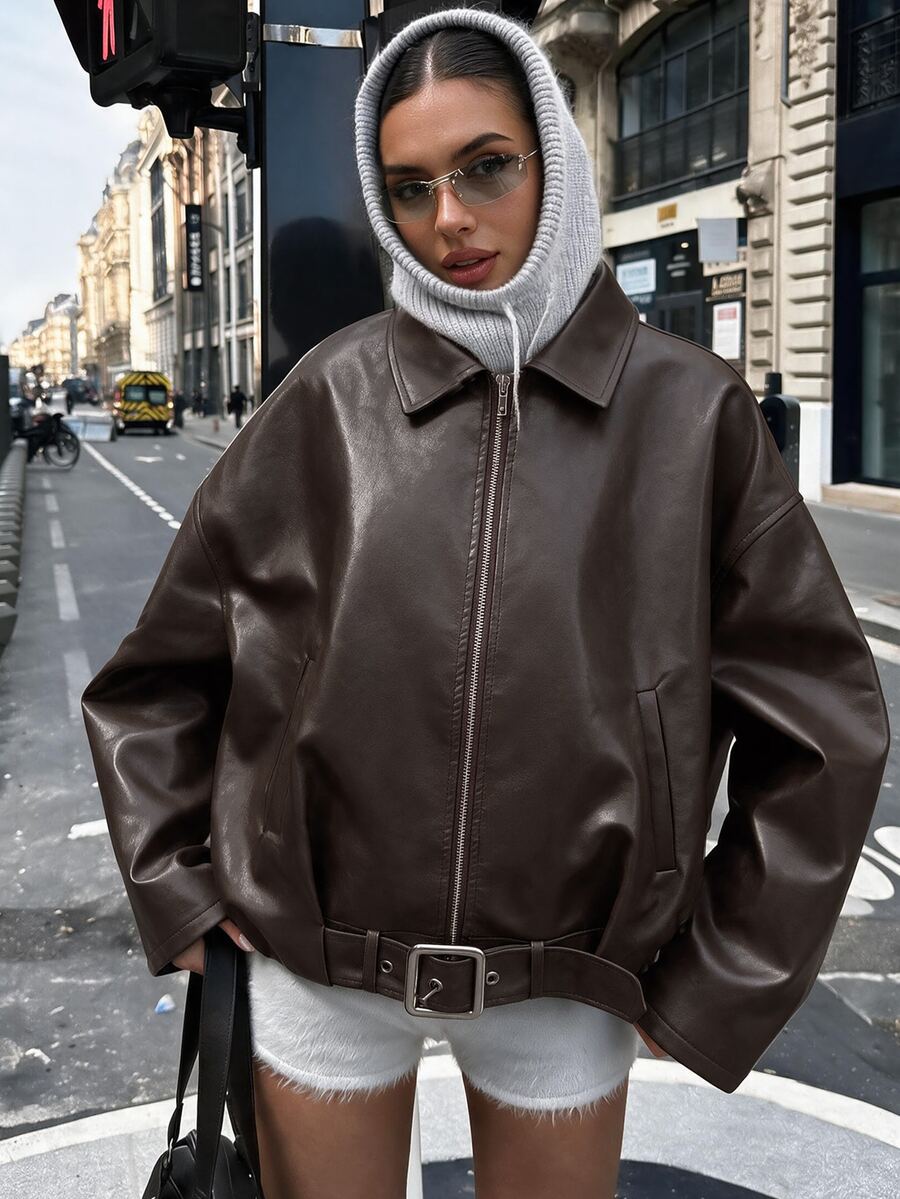 Avenya Drop Shoulder Zip Up Buckle Belt Cinched Waist PU Leather Coat - Brown - View 1