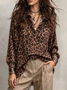 SHEIN Fashion Minimalist Commuter Long Sleeve Shirt, Loose Casual Leopard Print Multi-Color Top For Fall, Suitable For Work Night Out Dark Brown - Multicolor - View 2