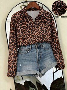 SHEIN Fashion Minimalist Commuter Long Sleeve Shirt, Loose Casual Leopard Print Multi-Color Top For Fall, Suitable For Work Night Out Dark Brown - Multicolor - View 5