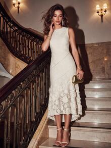 Anewsta Women's Elegant Round Neck Lace Hollow-Out Patchwork Dress, Spring/Summer Party Cream White - Apricot - View 4