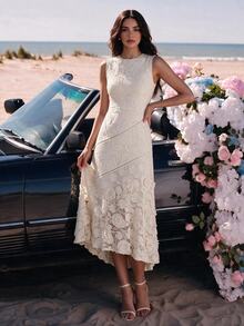 Anewsta Women's Elegant Round Neck Lace Hollow-Out Patchwork Dress, Spring/Summer Party Cream White - Apricot - View 3