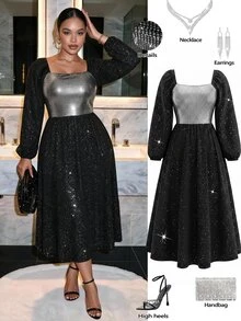 Femmeverse Plus Black Lantern Sleeve Sequins Dress Fall Christmas Formal Evening Cocktail Elegant - Multicolor - View 8