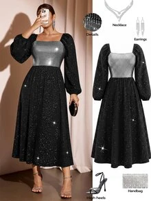 Femmeverse Plus Black Lantern Sleeve Sequins Dress Fall Christmas Formal Evening Cocktail Elegant - Multicolor - View 1
