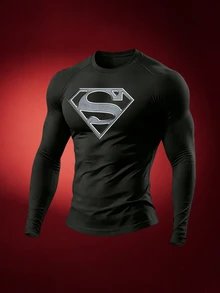 SUPERMAN X SHEIN Gym Rark Men's Letter Print Raglan Long Sleeve Crew Neck Sports T-Shirt, Gym - Black - View 3