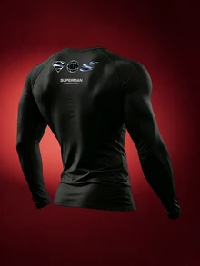 SUPERMAN X SHEIN Gym Rark Men's Letter Print Raglan Long Sleeve Crew Neck Sports T-Shirt, Gym - Black - View 2