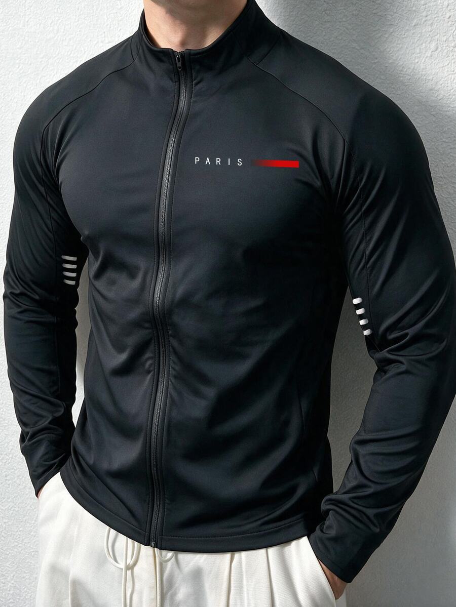 Gym Rark Men's Letter Print Zipper Long Sleeve Sports Jacket Fall - Black - View 1