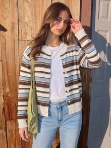 SHEIN 青少年女孩秋冬針織開襟衫，彩虹拼接條紋圓領長袖寬鬆短版毛衣，返校季日常街頭風 - 卡其色 - 查看 4
