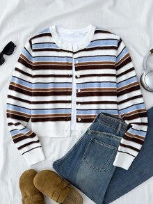 SHEIN 青少年女孩秋冬針織開襟衫，彩虹拼接條紋圓領長袖寬鬆短版毛衣，返校季日常街頭風 - 卡其色 - 查看 3