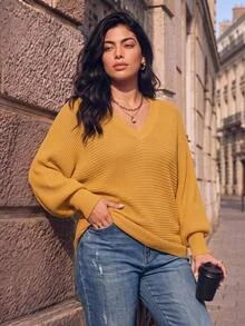 Juhart 女款大尺碼秋冬芥末黃羅紋針織套頭毛衣，V領蝙蝠袖泡泡長袖休閒針織上衣 - 黃色 - 查看 1