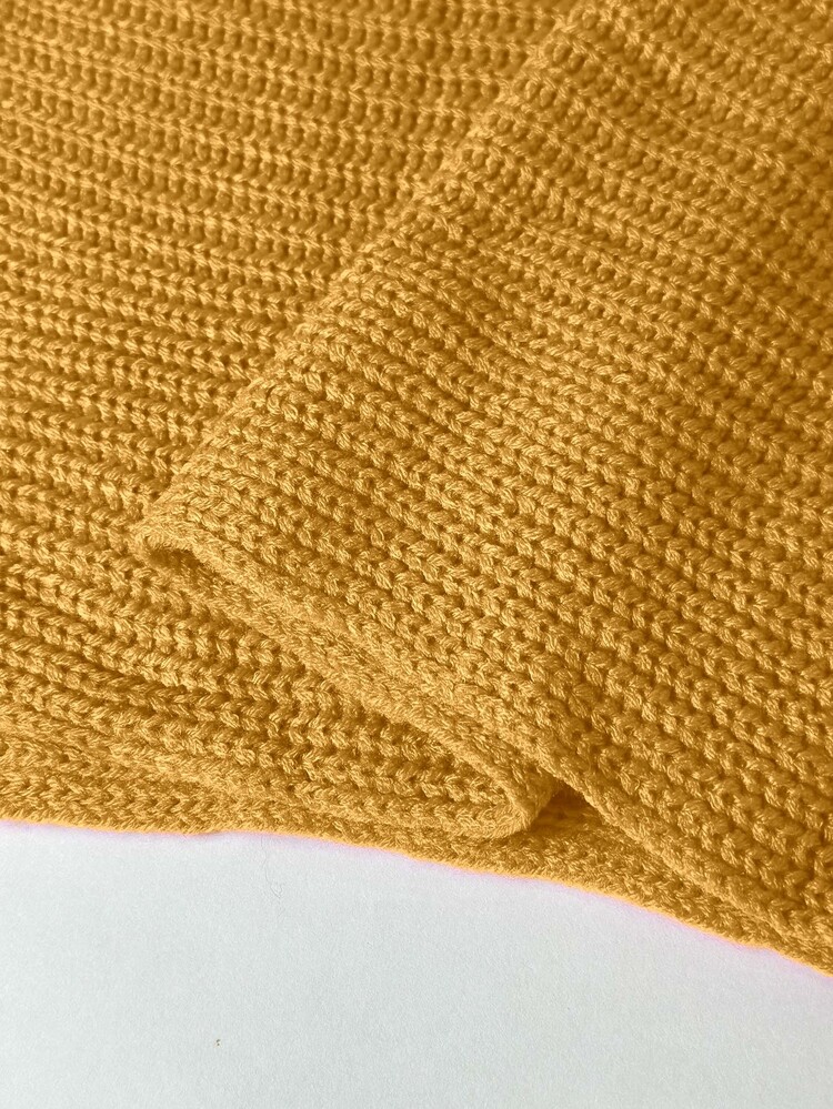 Juhart Women Plus Size Fall Winter Mustard Yellow Ribbed Knit Pullover Sweater, V Neck Batwing Balloon Sleeve Long Sleeve Casual Knit Top - Yellow - View 5