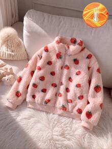 SHEIN 1件女童秋冬甜美可愛草莓印花刷毛外套，適合休閒日常外出與返校穿著 - 粉色 - 查看 6