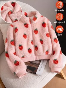 SHEIN 1件女童秋冬甜美可愛草莓印花刷毛外套，適合休閒日常外出與返校穿著 - 粉色 - 查看 1