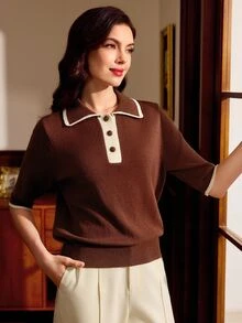 Vintamour Suéter casual de manga corta con cuello de color contrastante para mujer, estilo vintage, otoño, suéter marrón para oficina y regreso a la escuela, suéter con botones para mujer - Café integral - Ver 9
