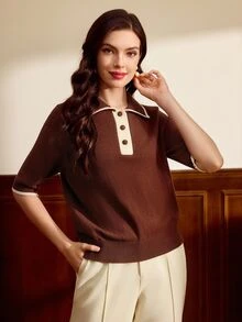 Vintamour Suéter casual de manga corta con cuello de color contrastante para mujer, estilo vintage, otoño, suéter marrón para oficina y regreso a la escuela, suéter con botones para mujer - Café integral - Ver 10