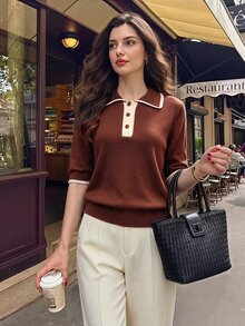 Vintamour Suéter casual de manga corta con cuello de color contrastante para mujer, estilo vintage, otoño, suéter marrón para oficina y regreso a la escuela, suéter con botones para mujer - Café integral - Ver 2