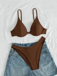 SHEIN Swim Summer Beach Plain Push Up Bra & High Cut Swim Bottom Bikini Bathing Suit - Coffee Brown - View 4