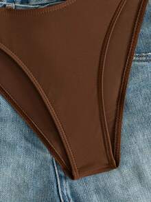 SHEIN Swim Summer Beach Plain Push Up Bra & High Cut Swim Bottom Bikini Bathing Suit - Coffee Brown - View 6