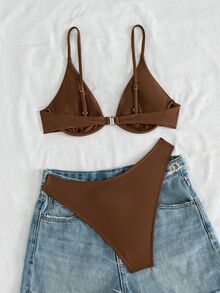 SHEIN Swim Summer Beach Plain Push Up Bra & High Cut Swim Bottom Bikini Bathing Suit - Coffee Brown - View 3