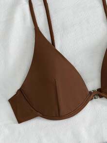 SHEIN Swim Summer Beach Plain Push Up Bra & High Cut Swim Bottom Bikini Bathing Suit - Coffee Brown - View 5