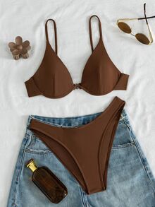 SHEIN Swim Summer Beach Plain Push Up Bra & High Cut Swim Bottom Bikini Bathing Suit - Coffee Brown - View 7