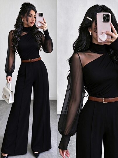 Elenzga High Neck Asymmetrical Shoulder Mesh Patchwork Long Sleeve Top + High Waist Drape Wide Leg Pants 2pcs Set, Elegant Slimming Black