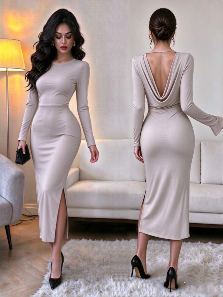 SHEIN Raffinéa Women's Cream Draped Back Long Sleeve Split Midi Dress, Elegant Bodycon Dress For Spring Fall Date Party Evening Wear - Dusty Purple - View 1