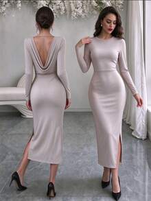 SHEIN Raffinéa Women's Cream Draped Back Long Sleeve Split Midi Dress, Elegant Bodycon Dress For Spring Fall Date Party Evening Wear - Dusty Purple - View 8