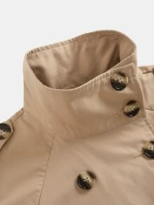 SHEIN 青少年女孩秋冬款寬鬆休閒極簡舒適短夾克，優雅時尚，適合日常通勤穿著，卡其色風衣 - 卡其色 - 查看 5