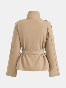 SHEIN 青少年女孩秋冬款寬鬆休閒極簡舒適短夾克，優雅時尚，適合日常通勤穿著，卡其色風衣 - 卡其色 - 查看 2