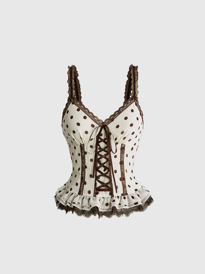 Kawaii Y2K Vintage Sweet Girl Polka Dot Lace Ruffle Tie Waist Women's Top
