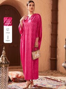 Al Najma Jacquard Notched Batwing Sleeve Kaftan Modest Arabian Dress Kaftan Dress - Hot Pink - View 7
