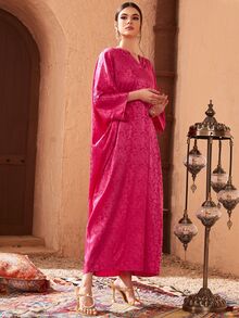 Al Najma Jacquard Notched Batwing Sleeve Kaftan Modest Arabian Dress Kaftan Dress - Hot Pink - View 5