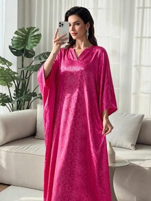 Al Najma Jacquard Notched Batwing Sleeve Kaftan Modest Arabian Dress Kaftan Dress - Hot Pink - View 1