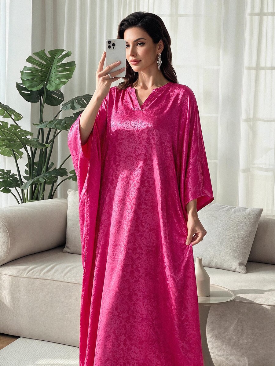 Al Najma Jacquard Notched Batwing Sleeve Kaftan Modest Arabian Dress Kaftan Dress - Hot Pink - View 1