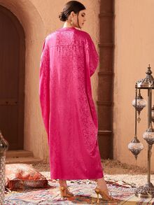 Al Najma Jacquard Notched Batwing Sleeve Kaftan Modest Arabian Dress Kaftan Dress - Hot Pink - View 3