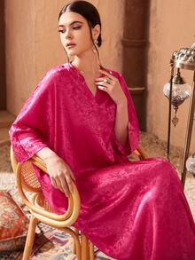 Al Najma Jacquard Notched Batwing Sleeve Kaftan Modest Arabian Dress Kaftan Dress - Hot Pink - View 4