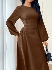 Modelyn 勃艮第红色女士纯色简约日常长袖连衣裙派对优雅晚会长袖长裙长款晚礼服 - 咖啡棕 - 查看 7