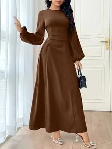 Modelyn 勃艮第红色女士纯色简约日常长袖连衣裙派对优雅晚会长袖长裙长款晚礼服 - 咖啡棕 - 查看 6