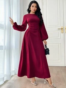 Veilorie 勃艮第红色女士纯色简约日常长袖连衣裙派对优雅晚会长袖长裙长款晚礼服 - 酒紅色 - 查看 2
