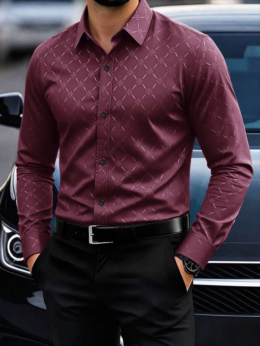 Calvornis Men's Button Down Long Sleeve Slim Fit Business Formal Dress Shirt, Fall, Ceremony, Old Money - Burgundy - View 1
