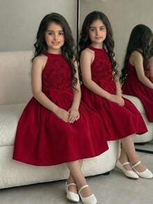 SHEIN Tween Girl Knit Solid Color Patchwork Woven 3D Floral Sleeveless Casual Pullover Dress - Multicolor - View 2