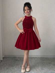 SHEIN Tween Girl Knit Solid Color Patchwork Woven 3D Floral Sleeveless Casual Pullover Dress - Multicolor - View 4