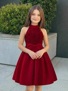 SHEIN Tween Girl Knit Solid Color Patchwork Woven 3D Floral Sleeveless Casual Pullover Dress - Multicolor - View 1
