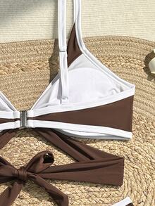 Swim SXY Plus Size Women Summer Beach Color Block Halter Tie Sexy Bikini And Triangle Bottom Two-Piece Swimsuit Set - Brown - View 8