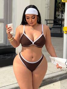 Swim SXY Plus Size Women Summer Beach Color Block Halter Tie Sexy Bikini And Triangle Bottom Two-Piece Swimsuit Set - Brown - View 3