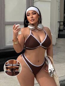 Swim SXY Plus Size Women Summer Beach Color Block Halter Tie Sexy Bikini And Triangle Bottom Two-Piece Swimsuit Set - Brown - View 1