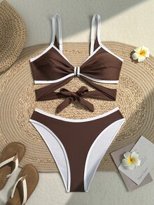Swim SXY Plus Size Women Summer Beach Color Block Halter Tie Sexy Bikini And Triangle Bottom Two-Piece Swimsuit Set - Brown - View 5