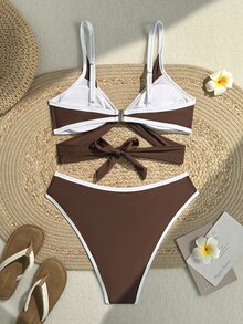 Swim SXY Plus Size Women Summer Beach Color Block Halter Tie Sexy Bikini And Triangle Bottom Two-Piece Swimsuit Set - Brown - View 6