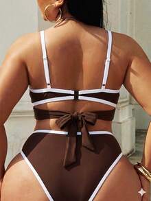 Swim SXY Plus Size Women Summer Beach Color Block Halter Tie Sexy Bikini And Triangle Bottom Two-Piece Swimsuit Set - Brown - View 2